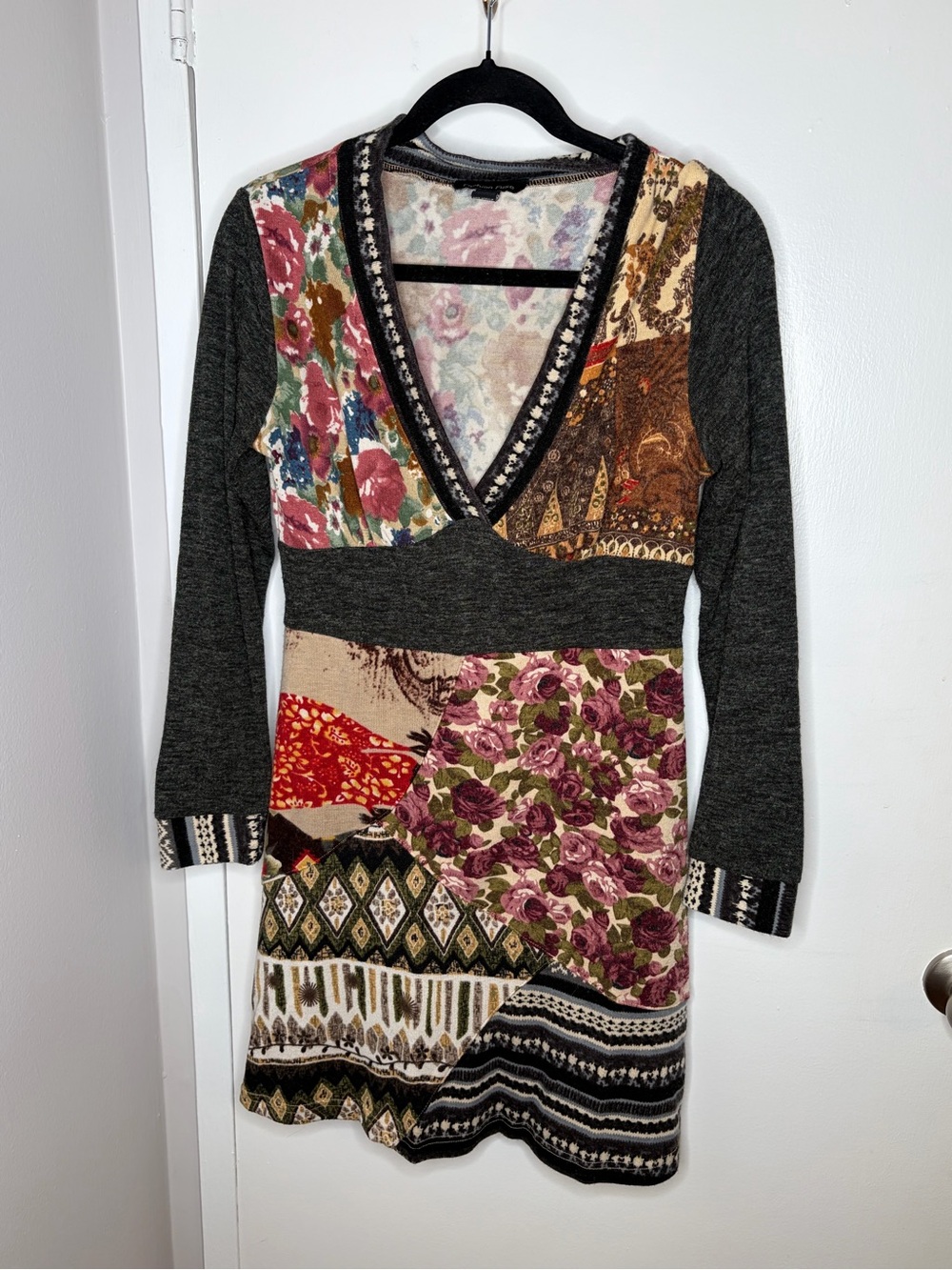 Patchwork Floral V-Neck Long Sleeve Dress - Multicolor
